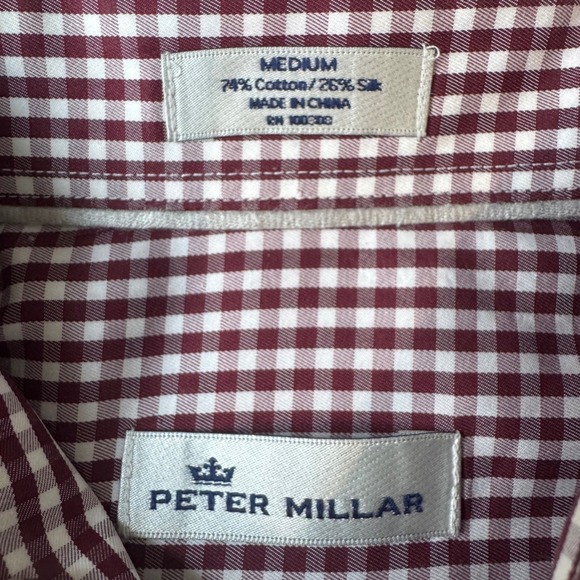 Peter Millar M Crown Soft Gingham Shirt Maroon White Acai Berry Stretch Silk - Picture 4 of 5